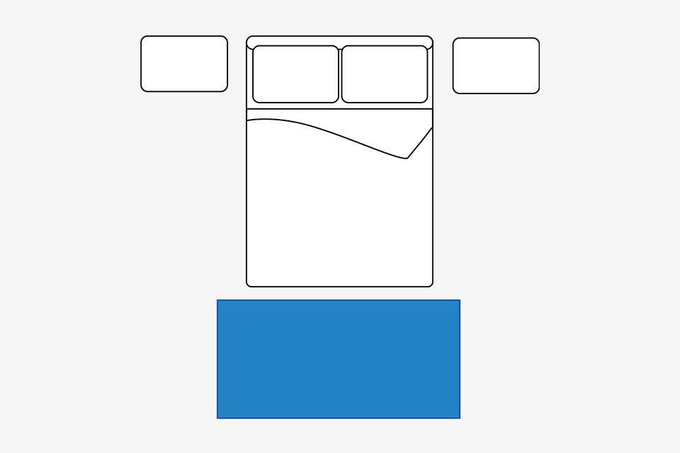 Birds eye bedroom diagram showing small rug placed at the end of the bed.
