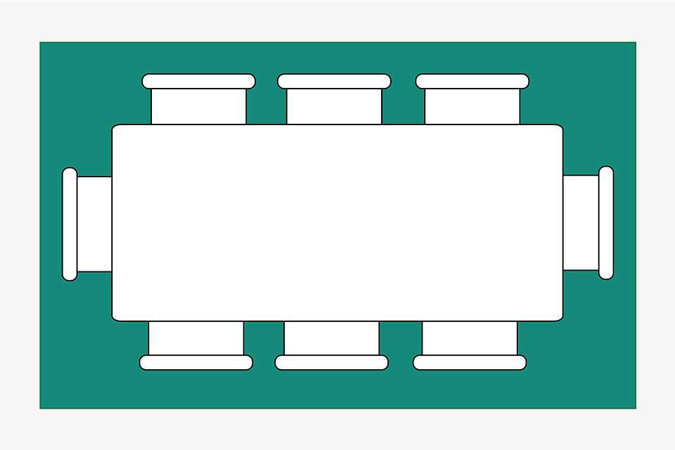 Birds eye dining room diagram showing large rug placed under dining table.