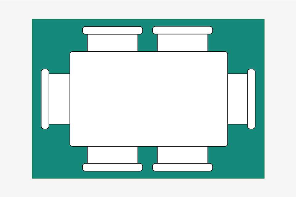 Birds eye dining room diagram showing medium rug placed under dining table.