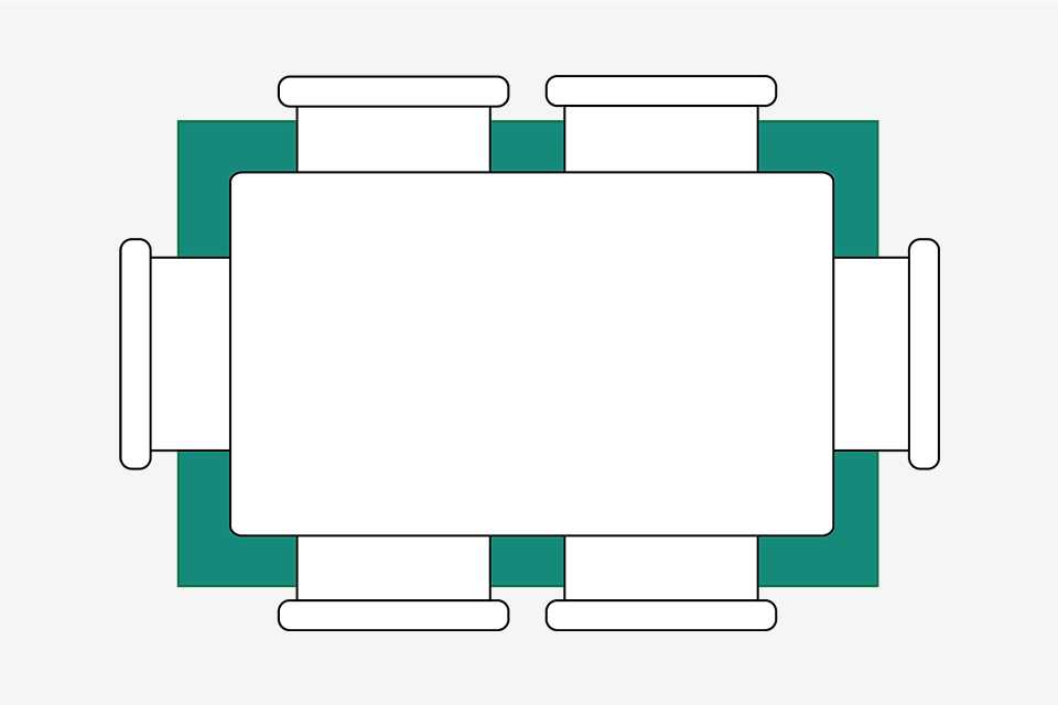 Birds eye dining room diagram showing small rug placed under dining table.