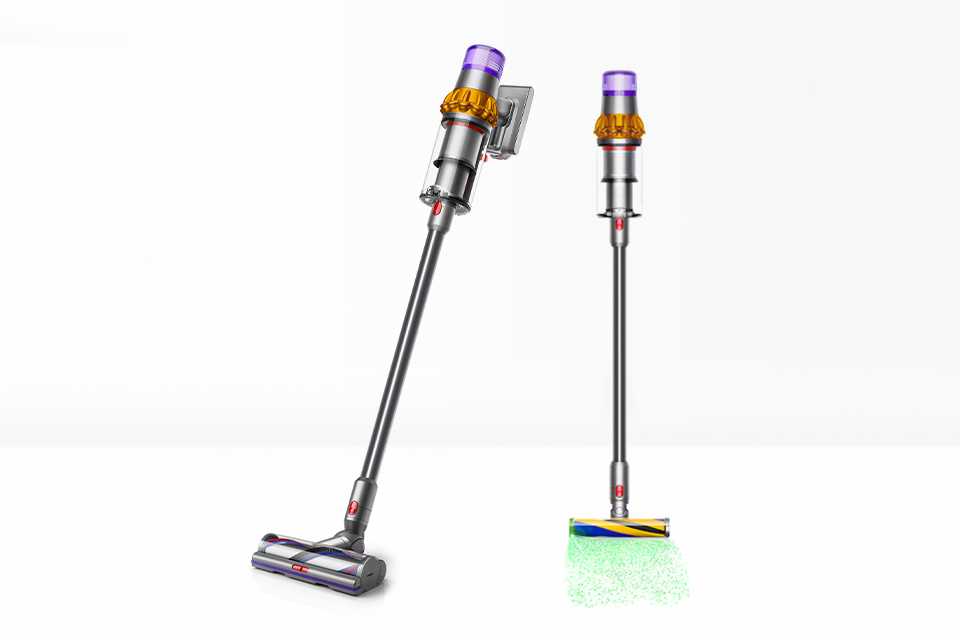 2 Dyson V15 cordless vacuum cleaners with de-tangling cleaner head and illuminated cleaner head with laser.