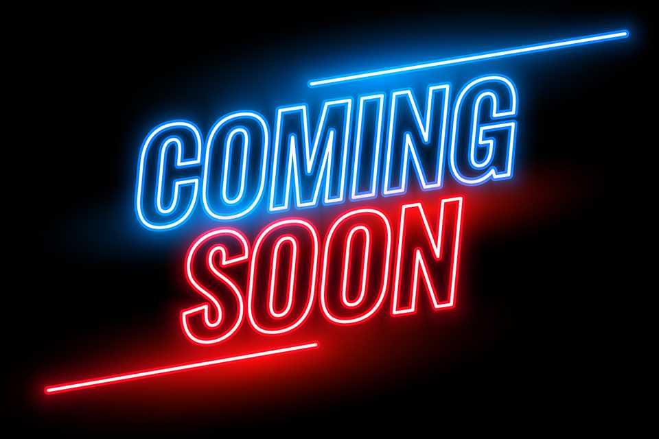Coming soon in neon on a black background.