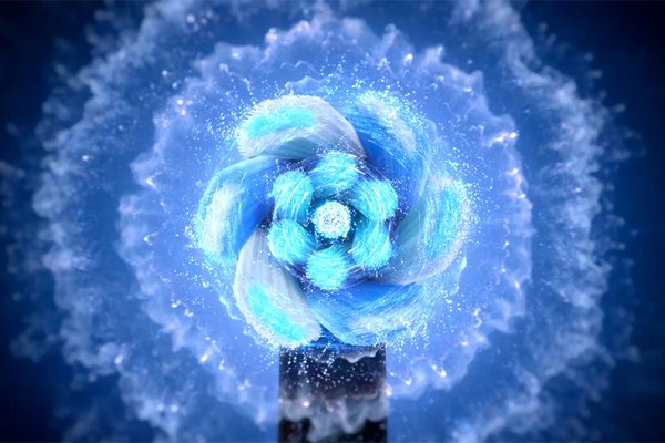 Bright, neon blue lights emerging in a circular motion from an Oral-B electric toothbrush.