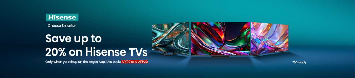 Hisense. Save up to 20% on Hisense TVs. Only when you shop on the Argos App. Use code APP10 and APP20.