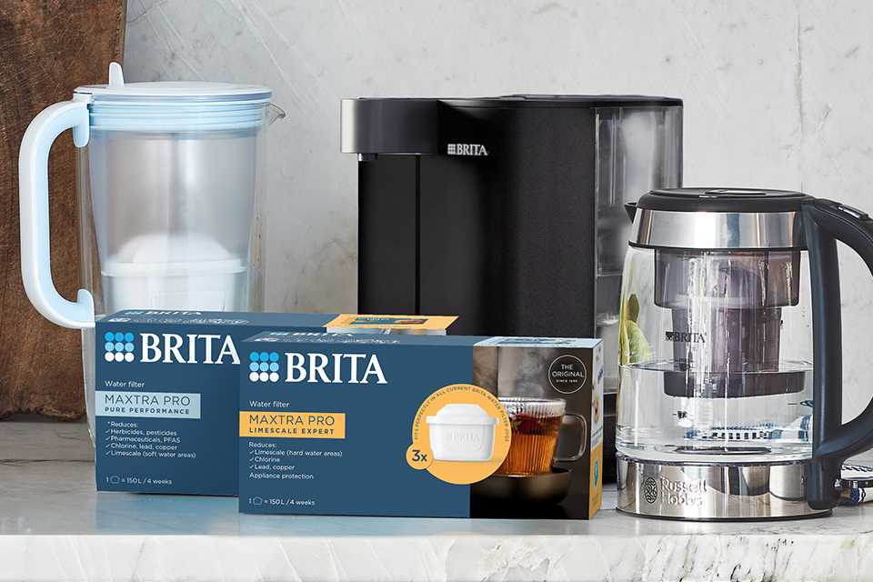 BRITA MAXTRA PRO All-In-1 and Limescale Expert water filter cartridges next to a BRITA Glass Jug, BRITA YOURCE mini water dispenser and Russell Hobbs FIlter Kettle.