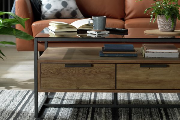 Image of industrial style coffee table in living room.