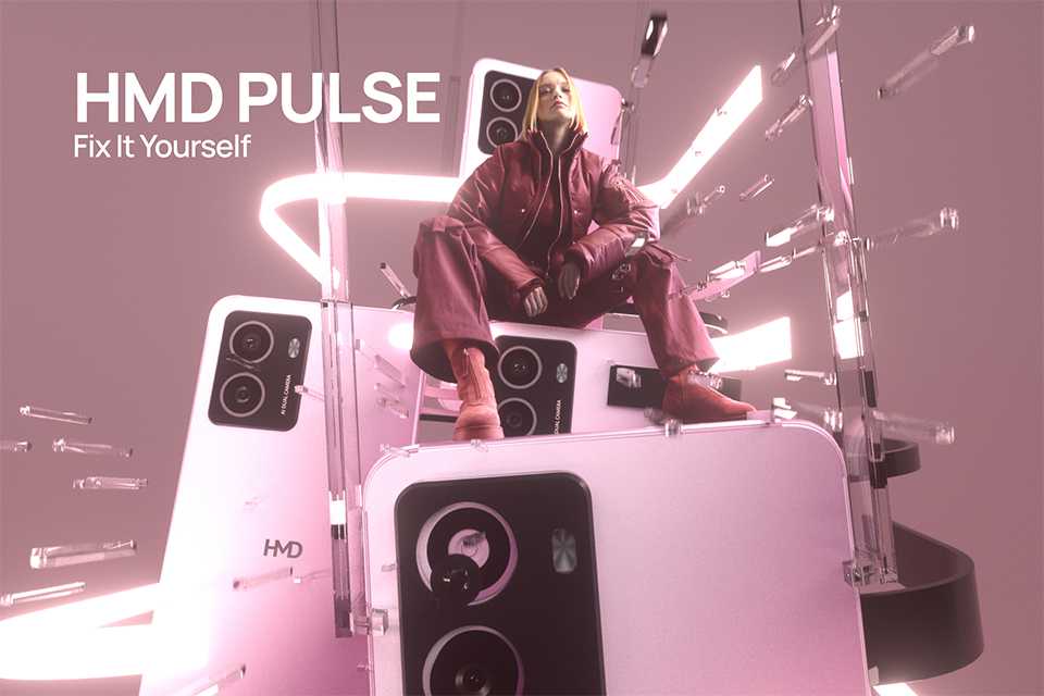 A girl sitting on a pink HMD Pulse smartphone with three more phones surrounding her.