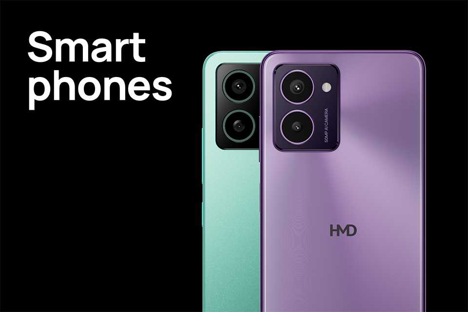 Two HMD Pulse Pro smartphones in green and purple displayed side by side.