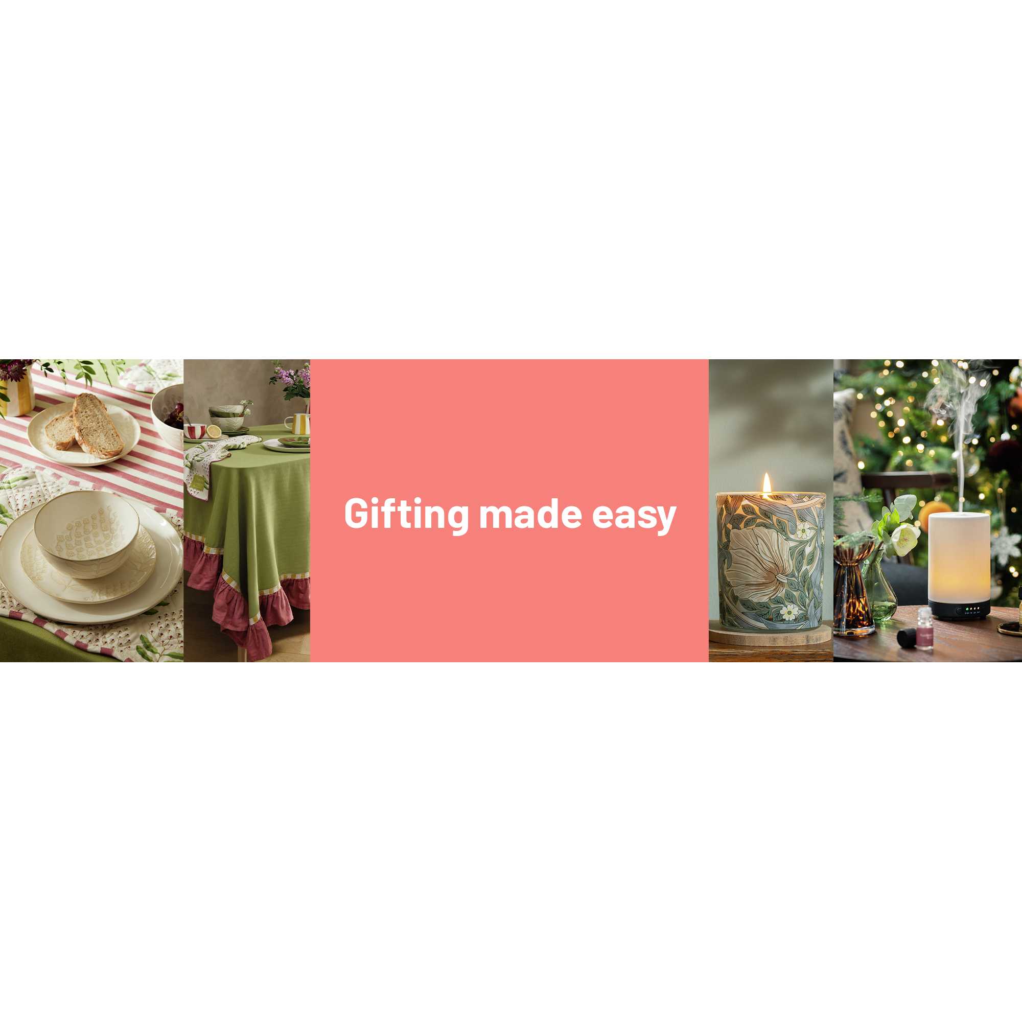 An image collage with different gifting options such as a candle, diffuser and tableware.