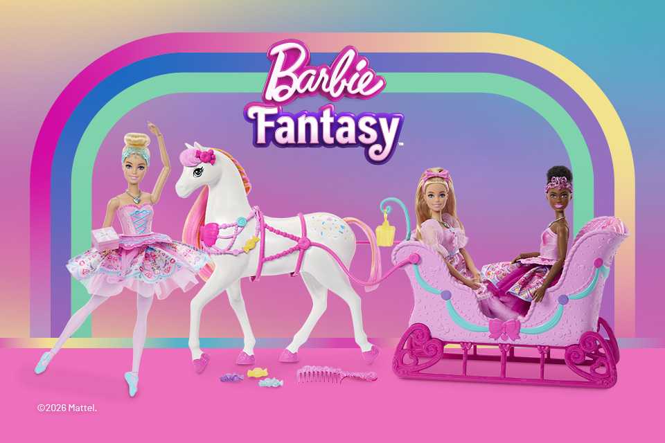 A ballerina Barbie and two Barbies in a horse-drawn carriage displayed beneath a Barbie Fantasy logo against a multi-hued background.