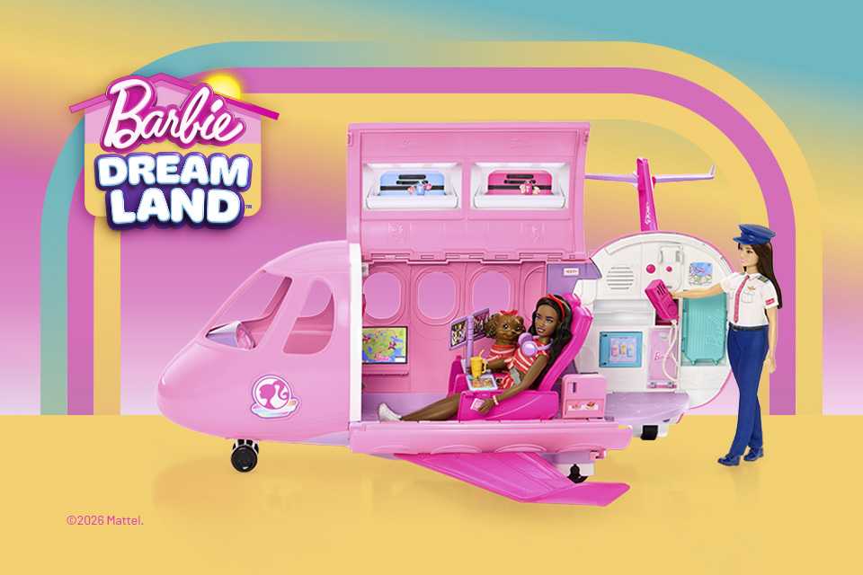 A Barbie doll seated inside a pink Barbie airplane with a toy dog while a pilot Barbie looks on.