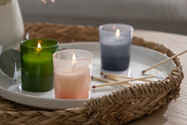 A set of 3 Habitat classic scented candles in a tray.