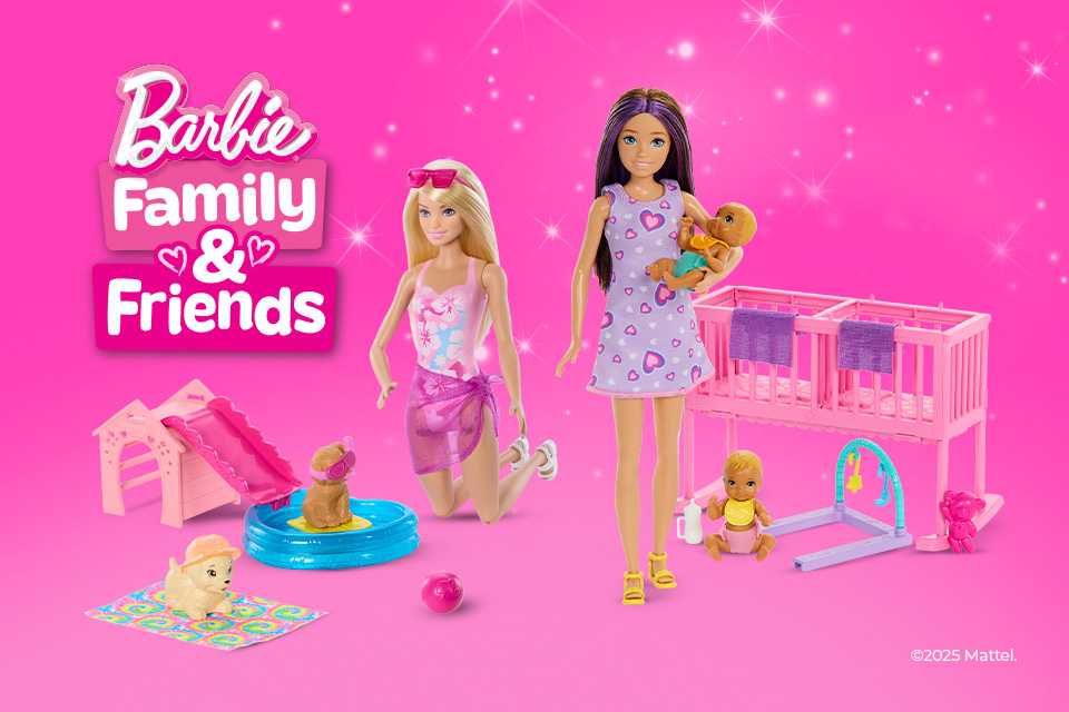 Two Barbie dolls next to some toys.