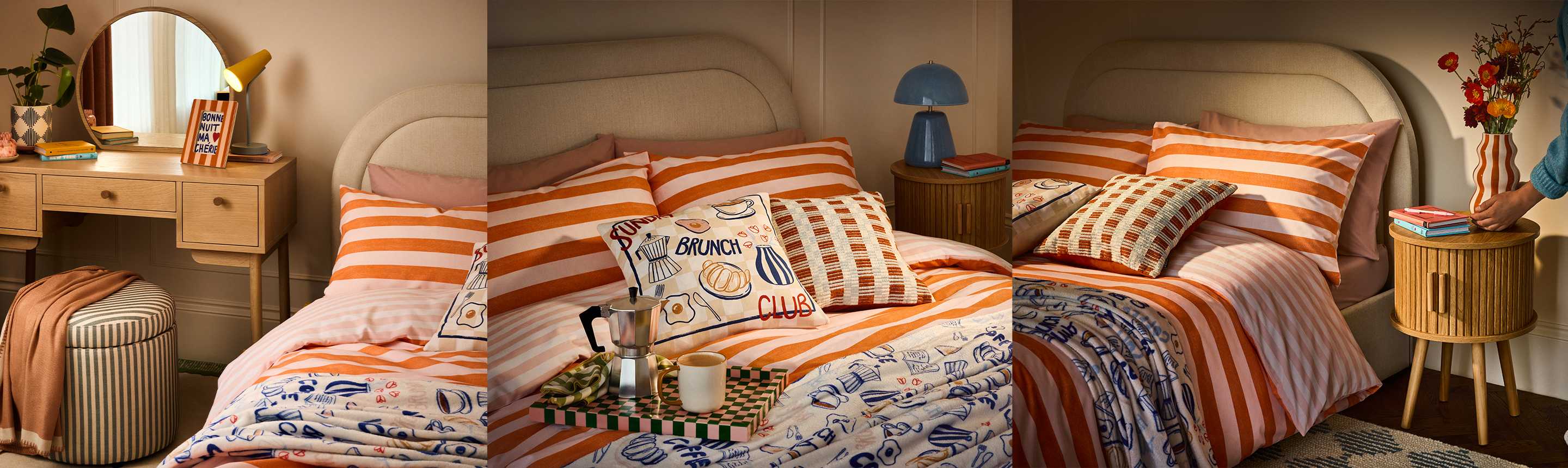 A collage of cosy bedroom décor with a dressing table, a bed made with cushions and a vase with fresh flowers on a bedside table.