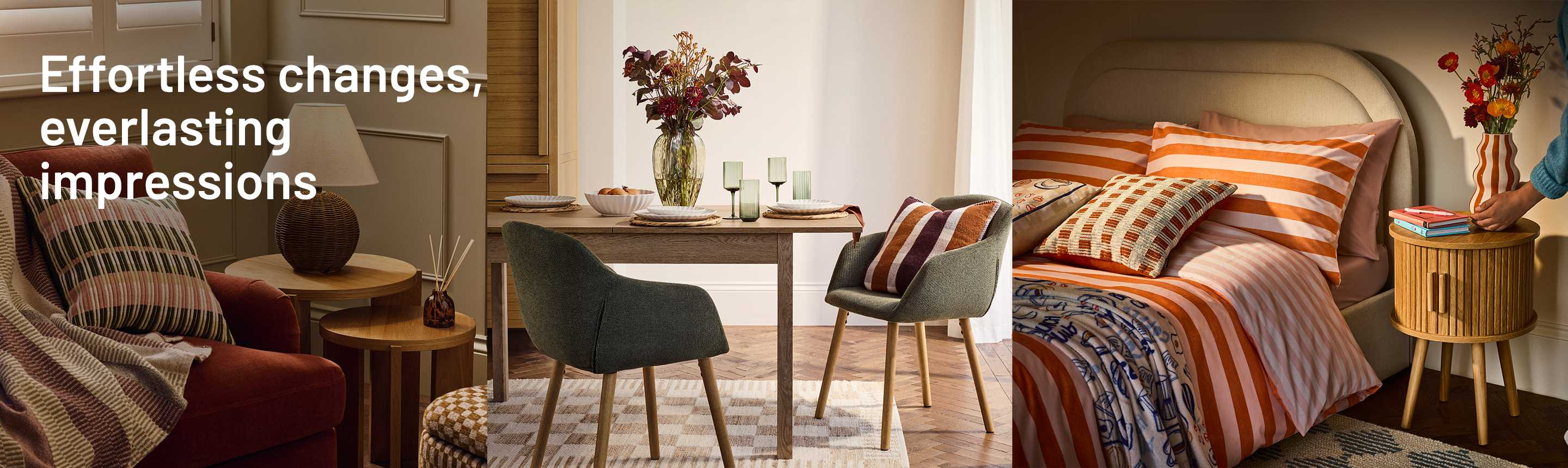A collage of cosy home décor with a table lamp near a sofa, a dining table set with plates and glasses and a bed made with cushions with a vase placed next to it.