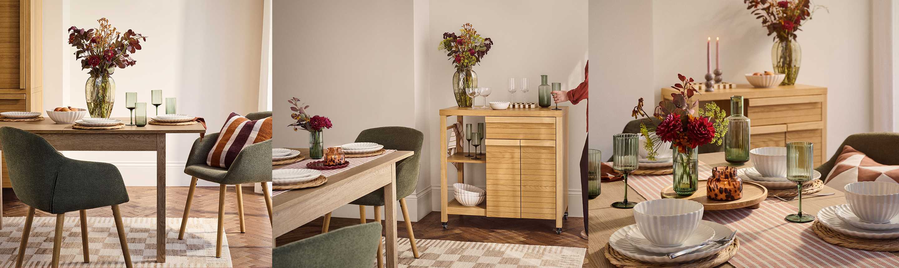 A collage of a dining room with green dining chairs, tableware, glassware, and a wooden storage unit.