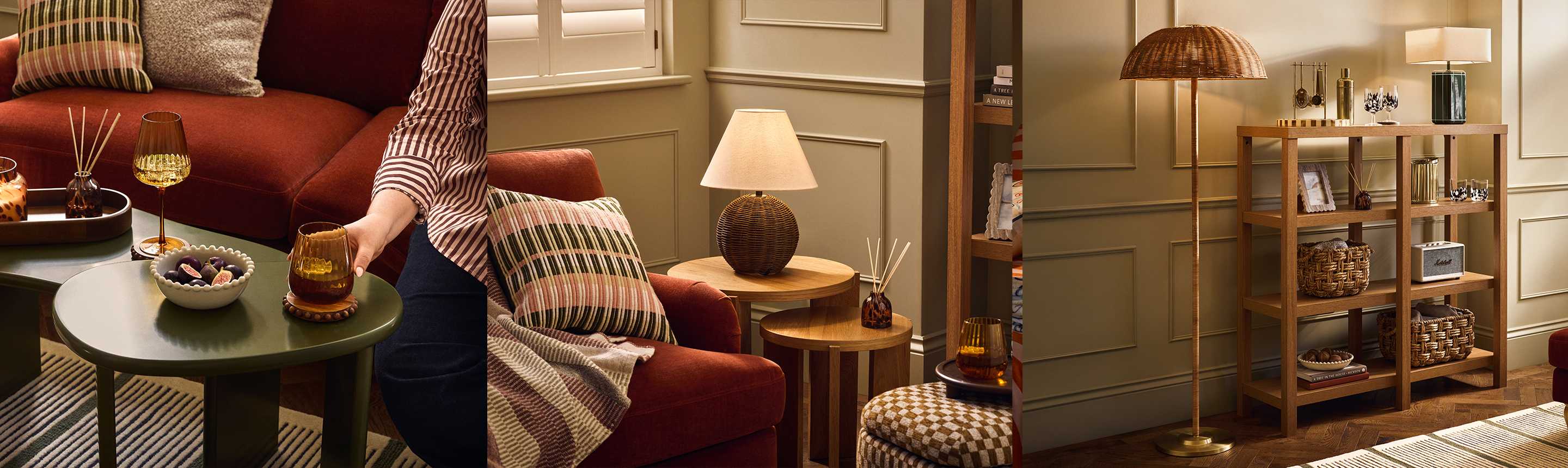 A collage of a living room with a sofa and coffee table, a table lamp and a spacious shelving unit.