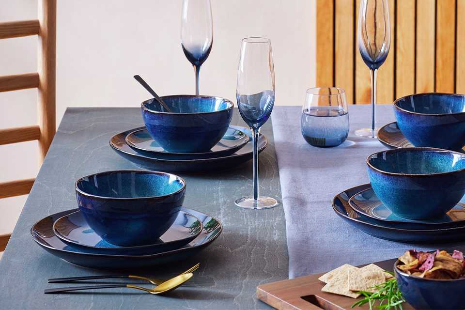 Habitat 12 Piece Reactive Stoneware Dinner Set - Navy.