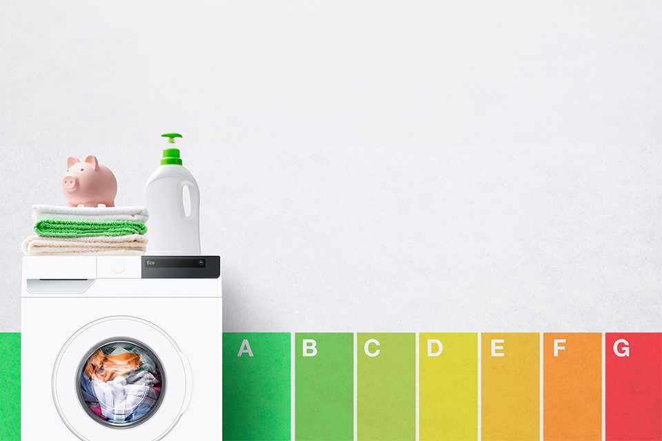 A white washing machine with a detergent container, folded clothes and piggy bank on top of it.