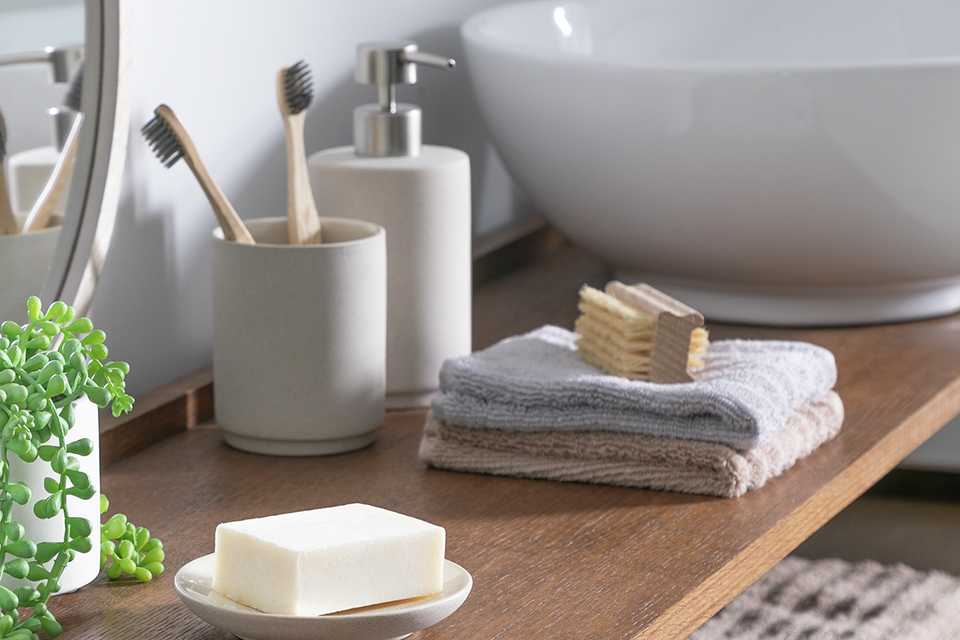 Habitat Sandstone effect ceramic soap dish in natural finish.