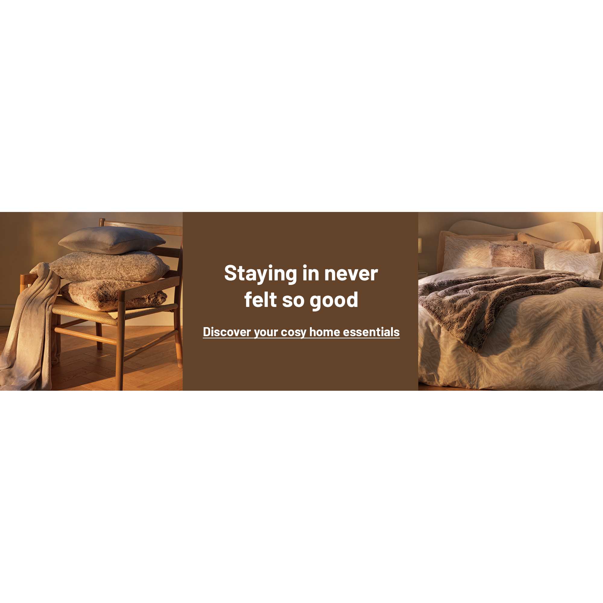 A split image of a wooden chair stacked with cushions and a throw on one side and a cosy double bed with a faux fur throw on other side.