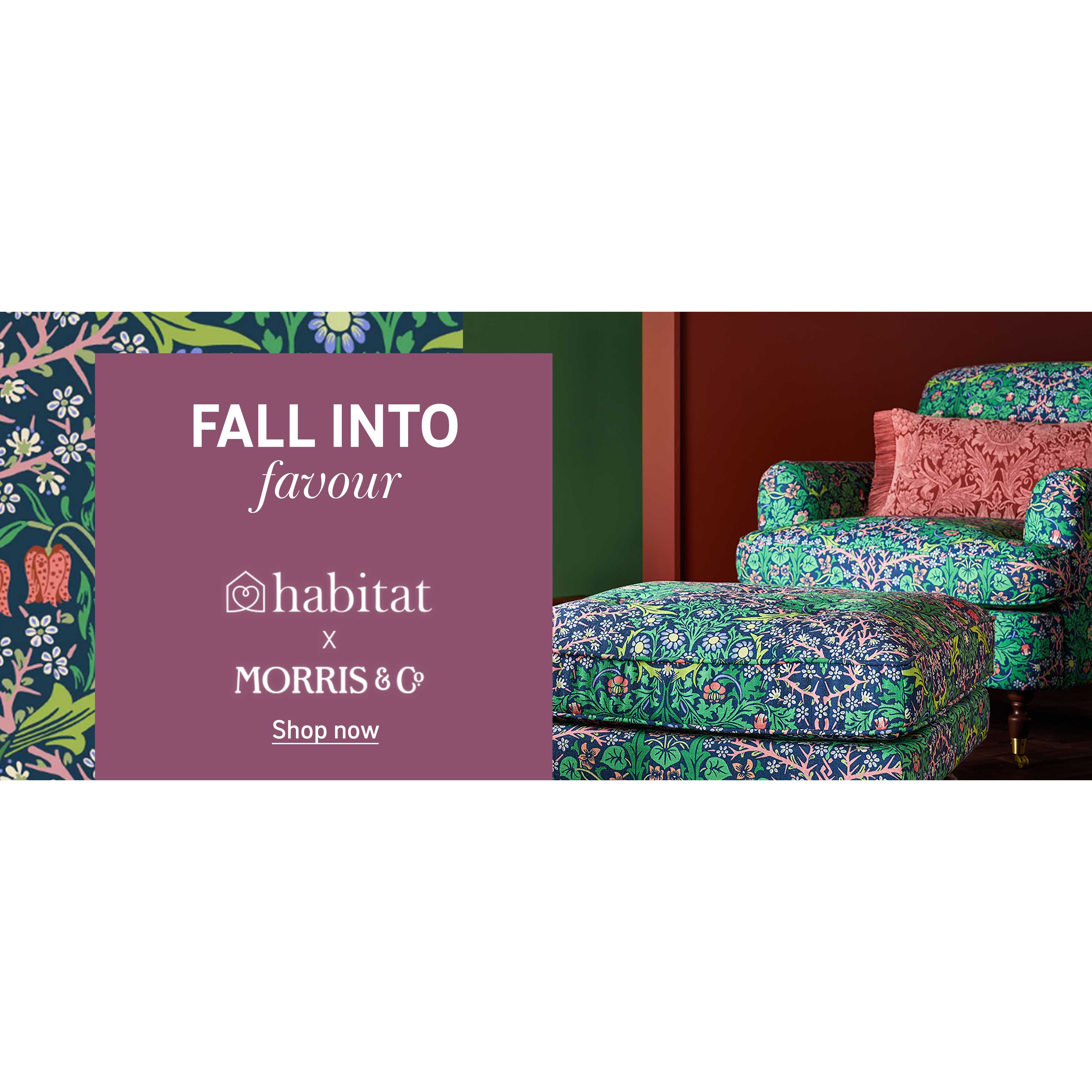 Floral green chair with matching footstool with red floral rectangle cushion with frayed edge in green and red room.