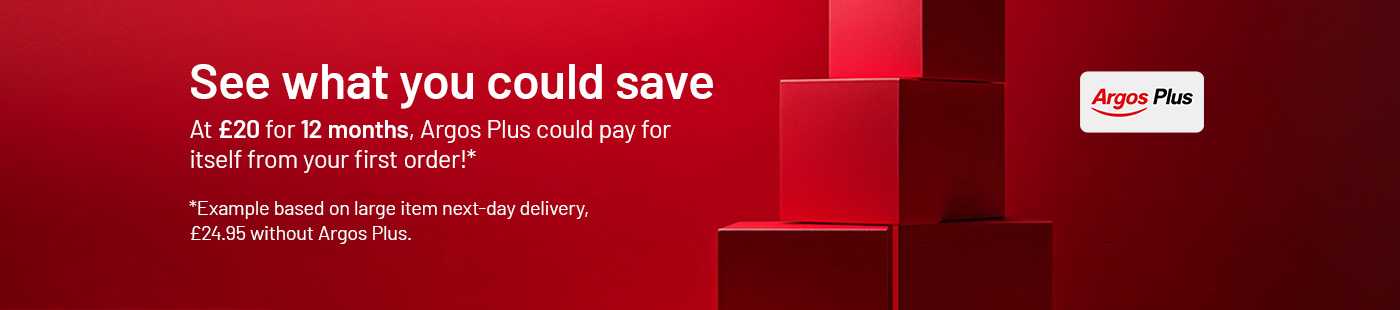 See what you could save. At £20 for 12 months, Argos Plus could pay for itself from your first order!*. *example based on large item standard timeslot delivery, £24.95 without Argos Plus.