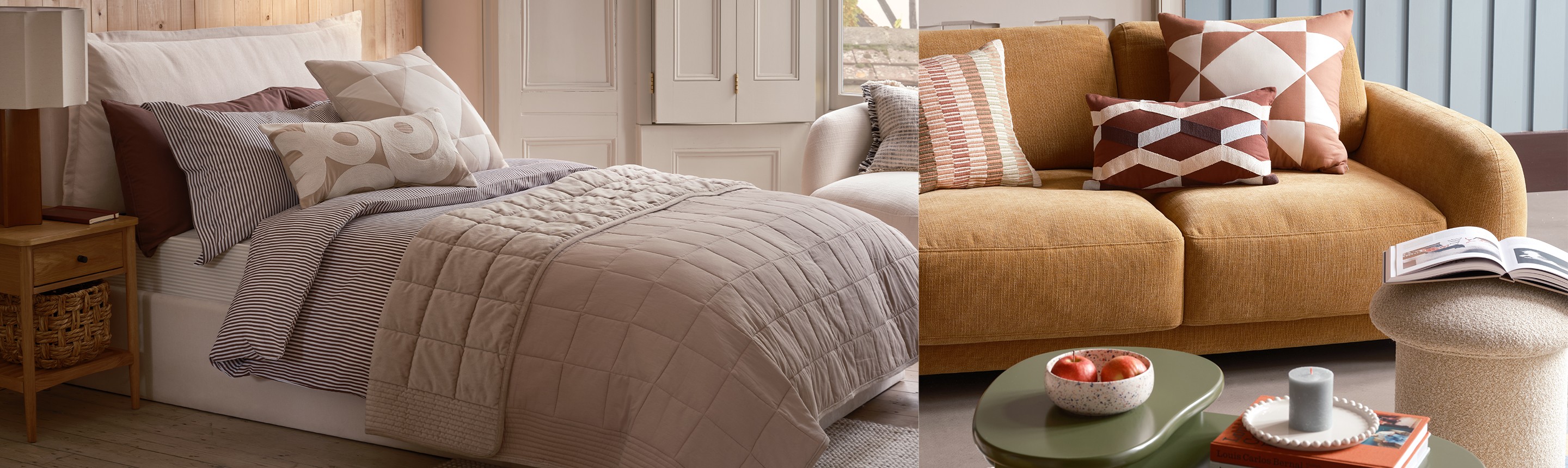A banner with a Habitat cosy bedding set on a bed and patterned cushions on a sofa next to a coffee table.