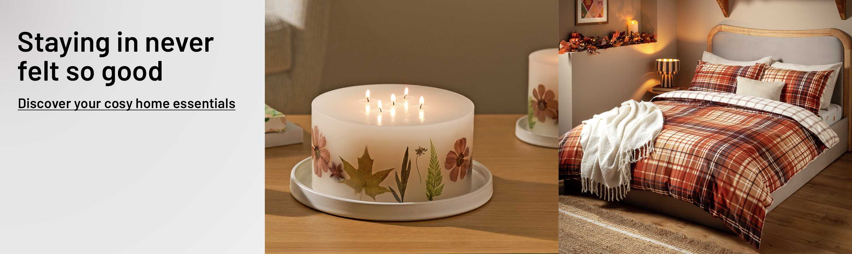 A split image of Autumn inclusion candle XL on one side and Home Autumnal Brushed Check Single bedding on the other side.