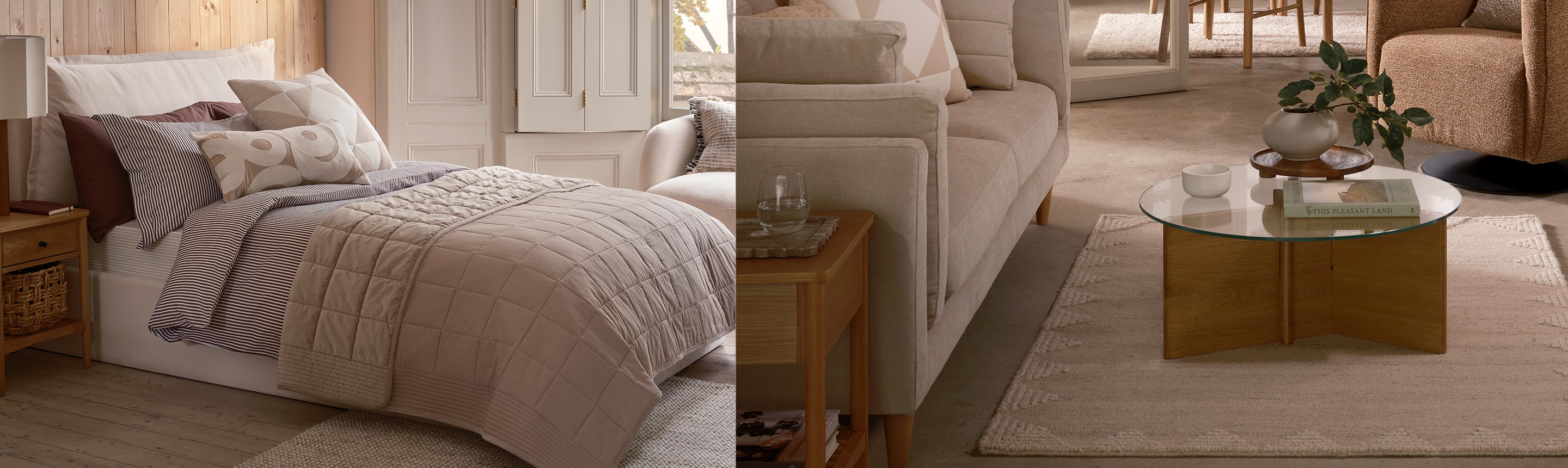 A collage of the Moonlit Winter trend with a cosy bed with pillows and a matching sofa and a rug in a living room.