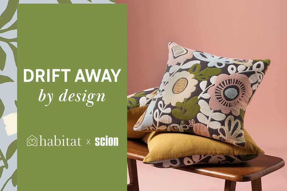 Habitat x Scion collaboration banner with a colourful patterned cushion.