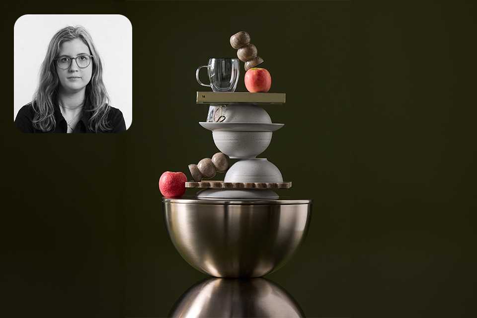 A collage of designer Molly alongside an image of marble decor and homeware, a glass mug, ceramic bowls and apples balanced on a steel bowl.