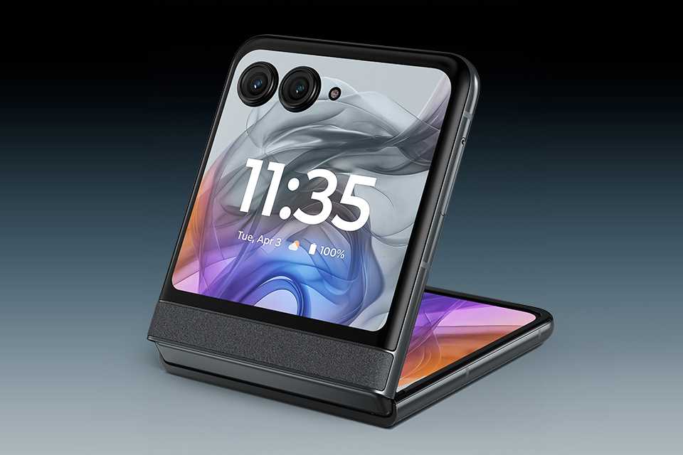 Front view of a grey motorola razr 50 AI phone.