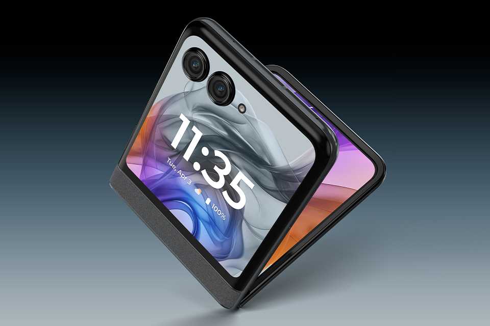 Front, angled view of a grey motorola razr 50.