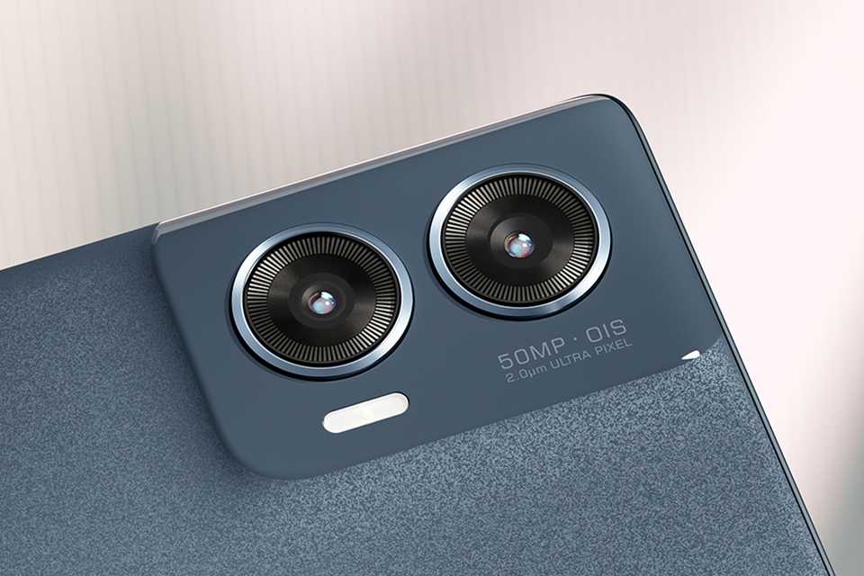 Close-up view of motorola edge 50 fusion camera lens.