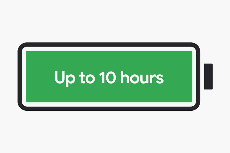 A green battery logo showing up to 10 hours of charge.