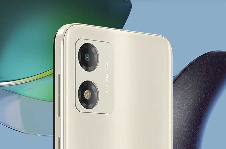Close up view of a white moto e13 smartphone camera lens.