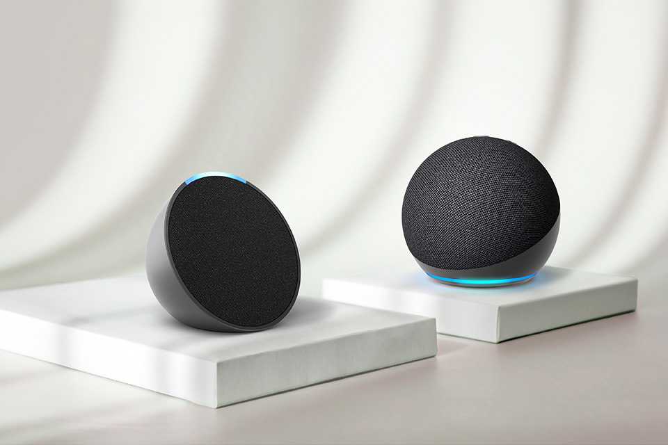 Amazon Echo Dot and Echo Pop smart speakers displayed against a white background.