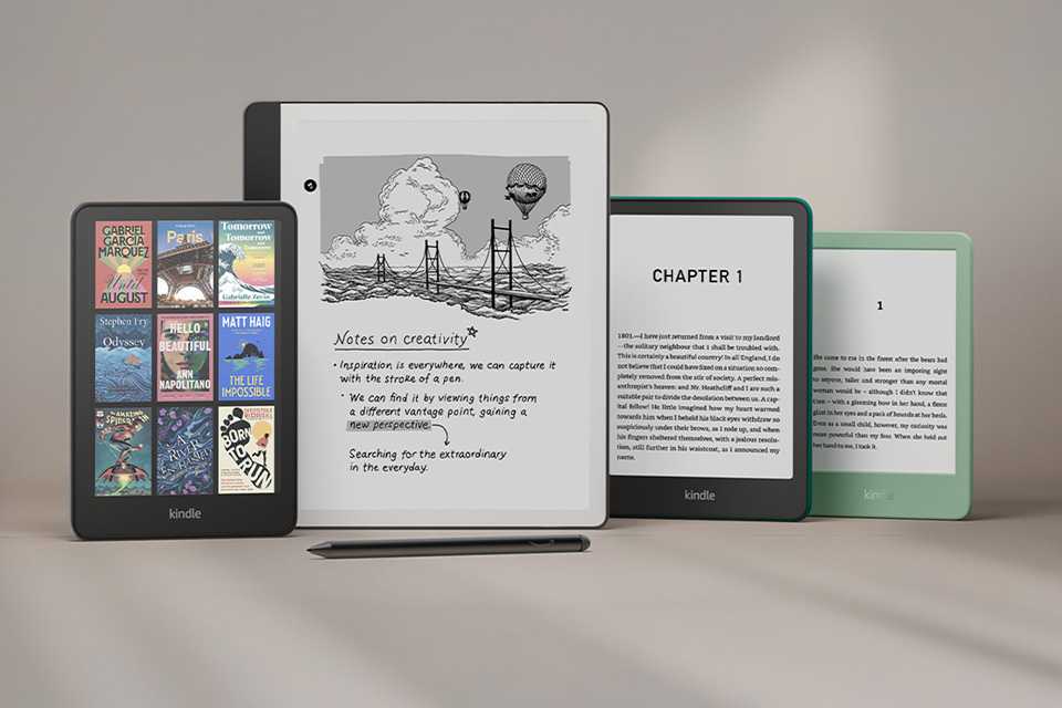 Kindle Scribe and Colorsoft along with two Kindle 2024 e-readers in black and new Matcha colour.
