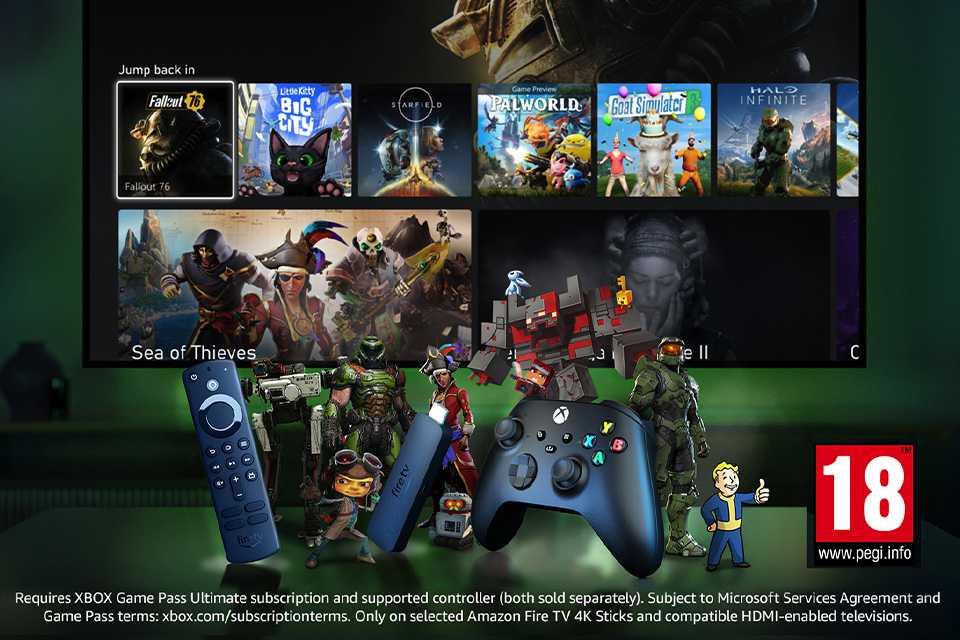 Fire TV stick and Xbox gaming console displayed against an Xbox Game Pass Ultimate banner.