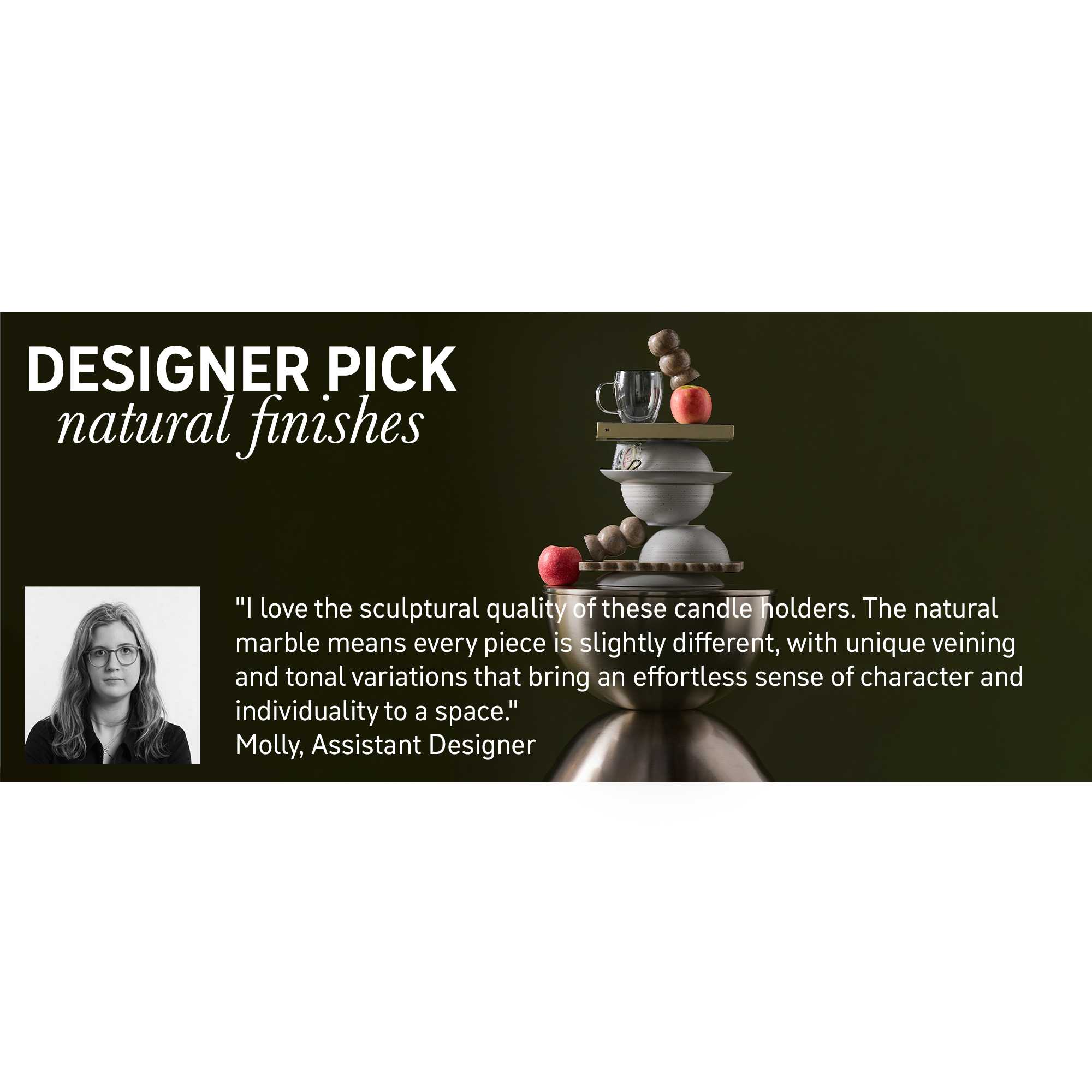 A banner displaying a mug, plates and bowls with natural finishes next to a headshot of the designer Molly.
