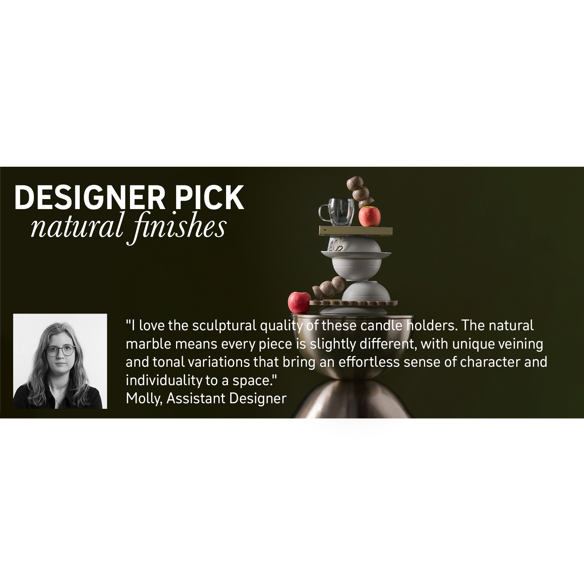 A banner displaying a mug, plates and bowls with natural finishes next to a headshot of the designer Molly.