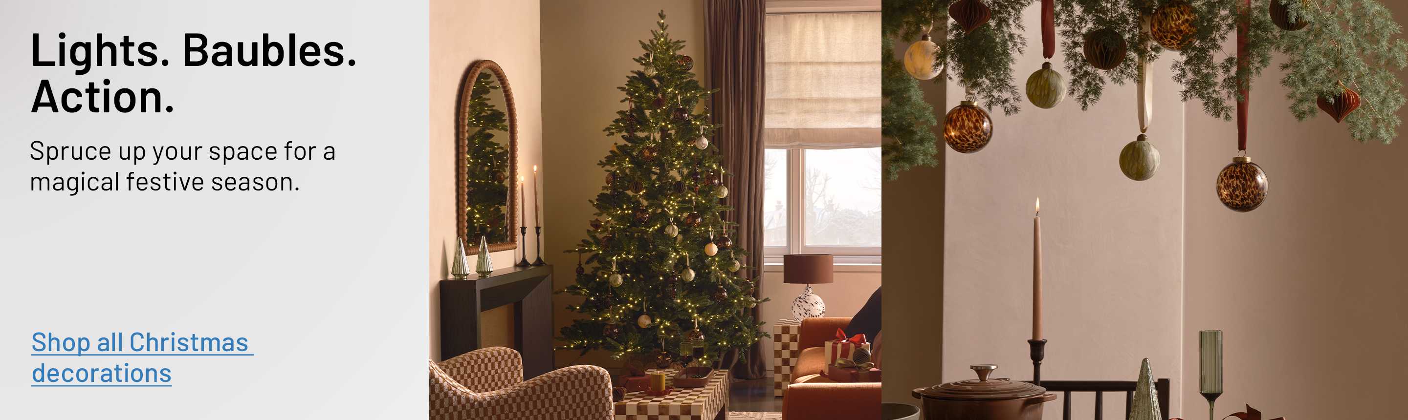 Christmas decorations on a dining table and a living room with Christmas tree, gifts and festive home decor.