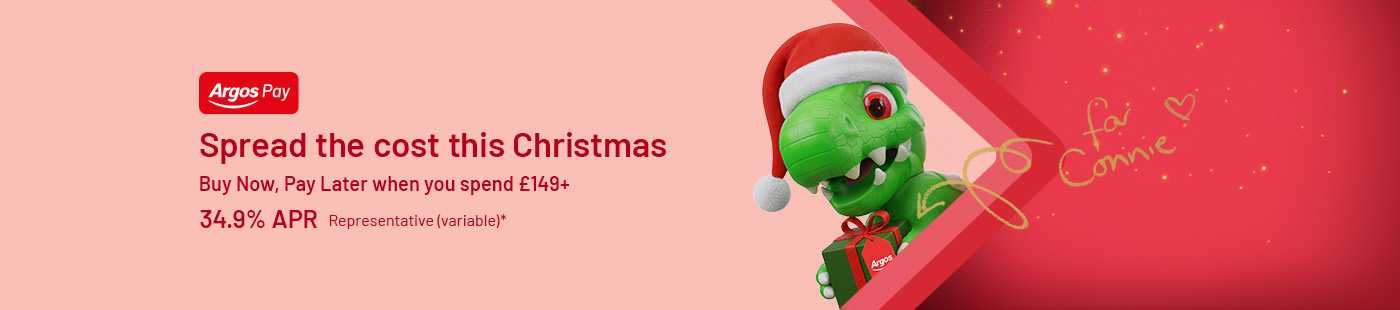Argos Pay. Spread the cost this Christmas. Buy Now, Pay Later when you spend £149+. 34.9% APR Representative (variable)*