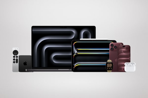 A selection of Apple devices aligned next to eahc other, including: Apple TV, Apple HomePod, Apple MacBook Pro, Apple iPad Pro, Apple AirPods Pro, Apple Watch Series 8, Apple iPhone 14 Pro, and Apple iPhone 14 Pro Max.