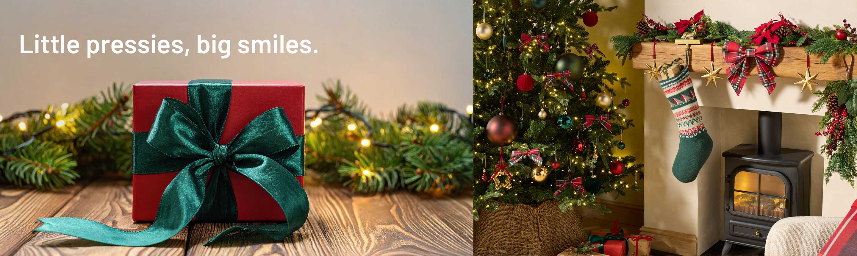 A banner with a small gift and a Christmas stocking hanging next to a Christmas tree.