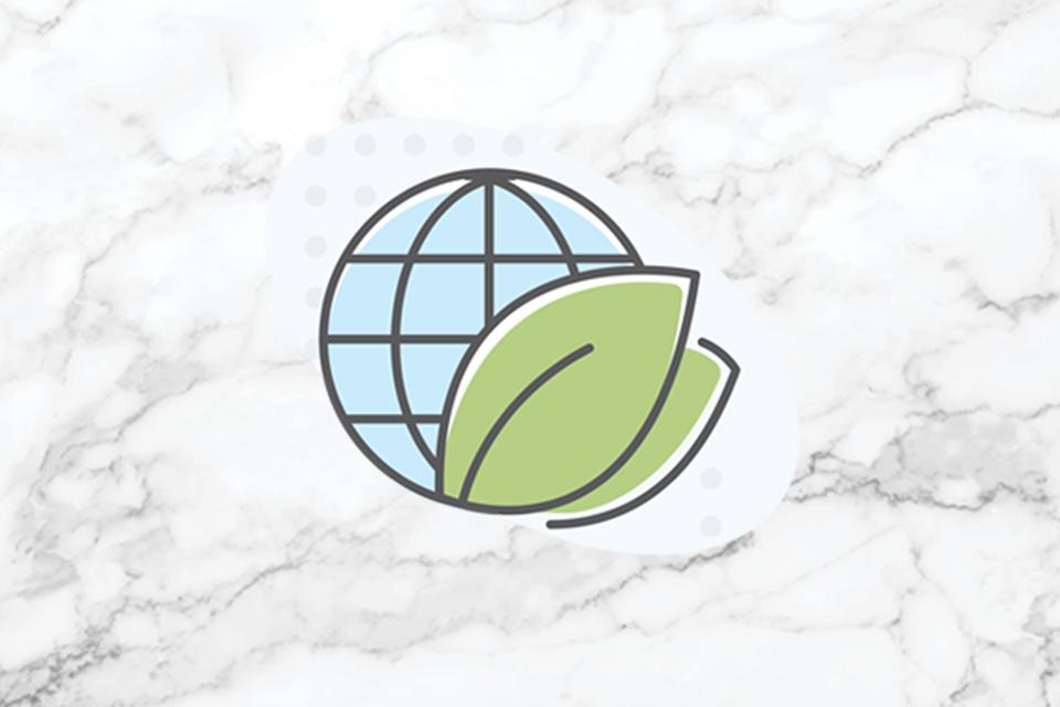 Globe with overlay of leaves graphic, depicting recycling.