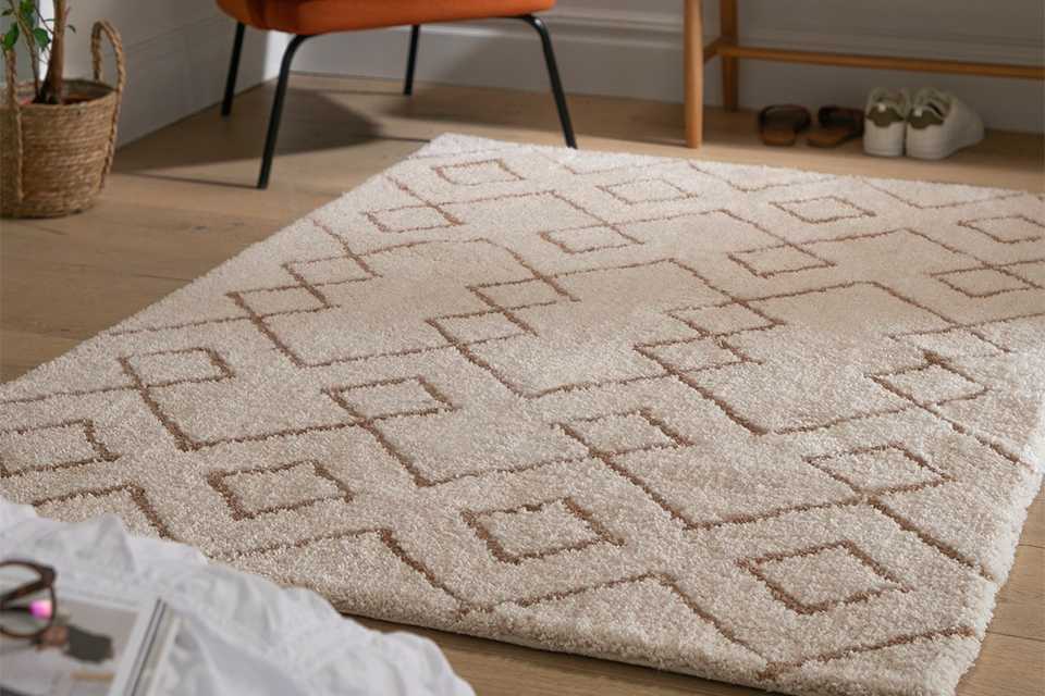 Cream rug in living room.