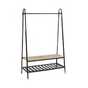 A gold and black clothes rail with storage.