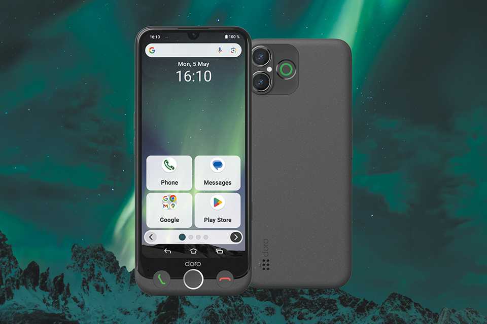 Front and back of Doro Aurora A30 smartphone displayed against an Aurora background.